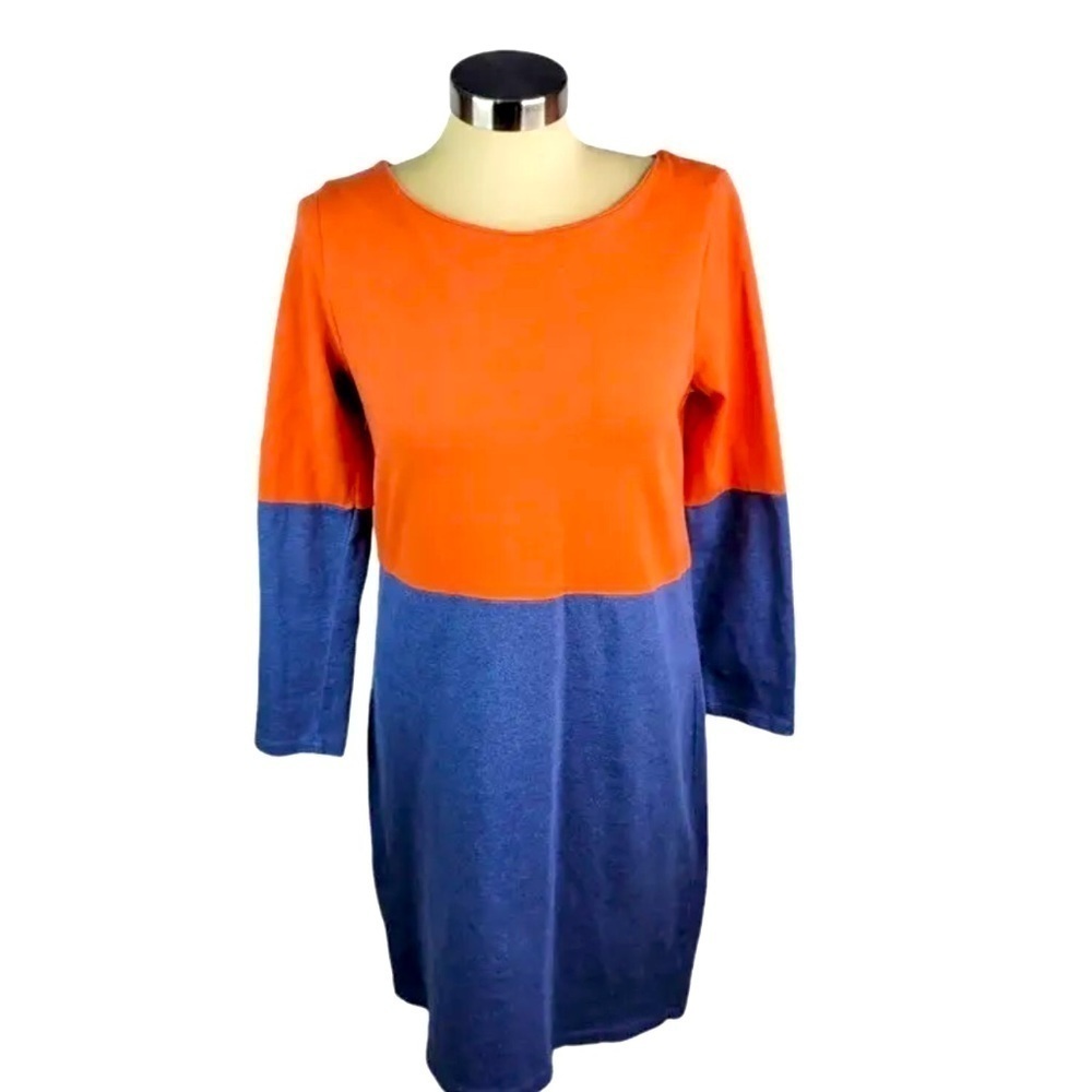 Boden Shift Dress Block Knit Long Sleeve Round Neckline Orange Blue Womens Sz 6